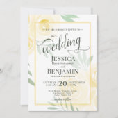 Yellow or Gold Boho Roses Stylish Script Wedding 招待状 (正面)