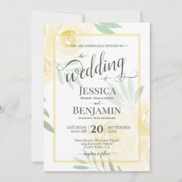 Yellow or Gold Boho Roses Stylish Script Wedding 招待状