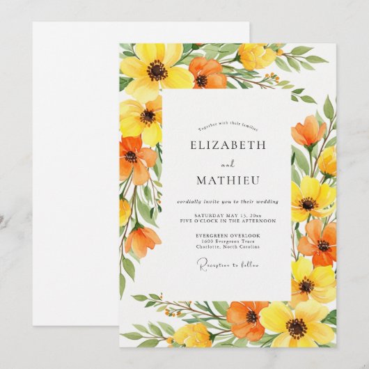 Yellow Orange Bloom Spring Wedding 招待状 (正面/裏面)