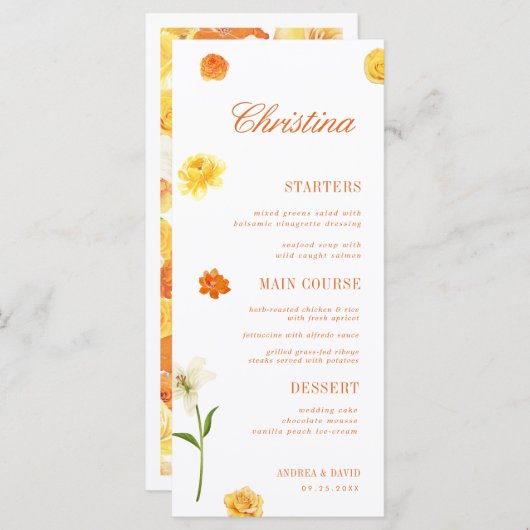 Yellow Orange Floral Custom Guest Name Garden Menu メニュー (正面/裏面)
