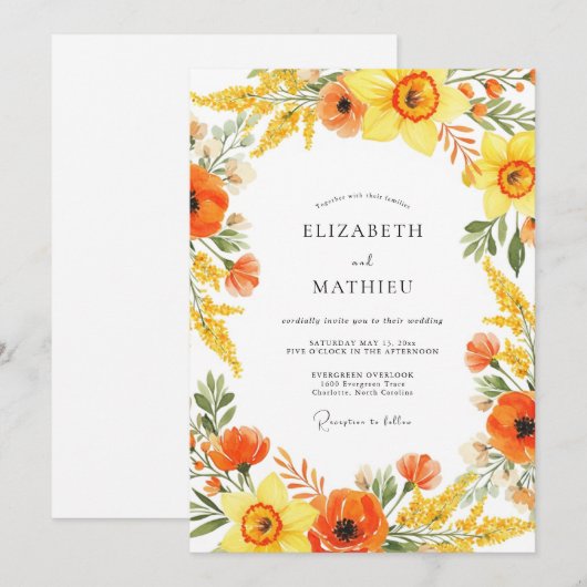 Yellow Orange Painterly Flourish Wedding 招待状 (正面/裏面)