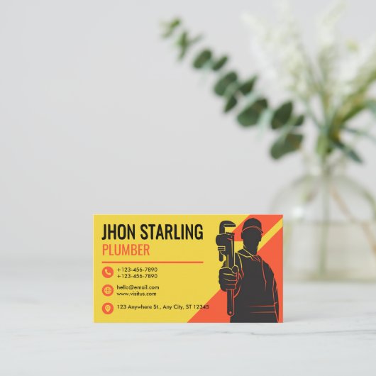 Yellow Orange Silhoutte Plumbing Services 名刺 (スタンド正面)