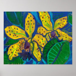 Yellow Orchid Flowers, Pastel Painting Floral Art ポスター
