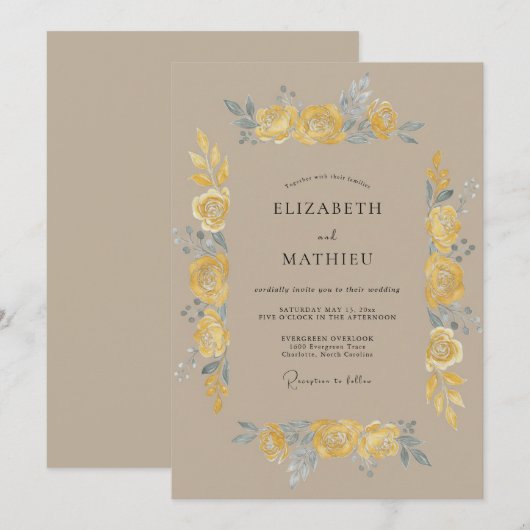Yellow Painterly Vintage Wedding 招待状 (正面/裏面)