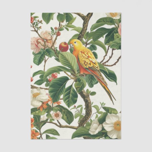 Yellow Parakeet Perched on Tropical Flowers Branch 薄葉紙 (正面)