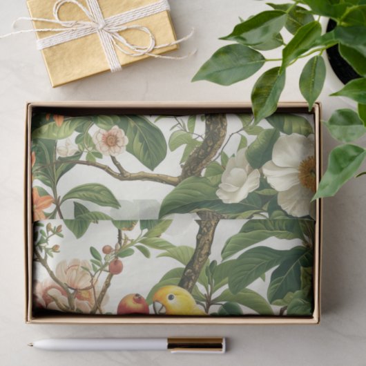 Yellow Parakeet Perched on Tropical Flowers Branch 薄葉紙 (ギフト)