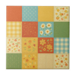 Yellow Patchwork Quilt Rustic Farmhouse Floral タイル