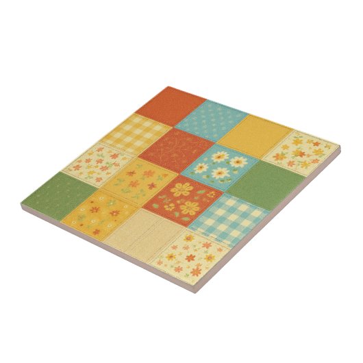 Yellow Patchwork Quilt Rustic Farmhouse Floral タイル (側面)