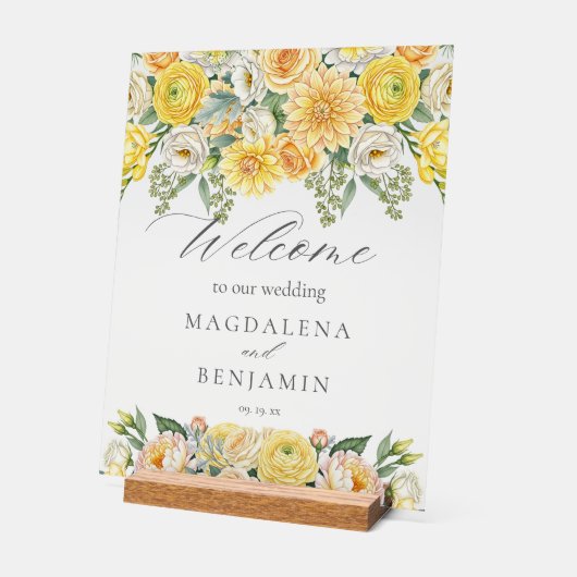 Yellow Peach Flowers Sage Greenery Wedding Welcome アクリルサイン (傾斜)