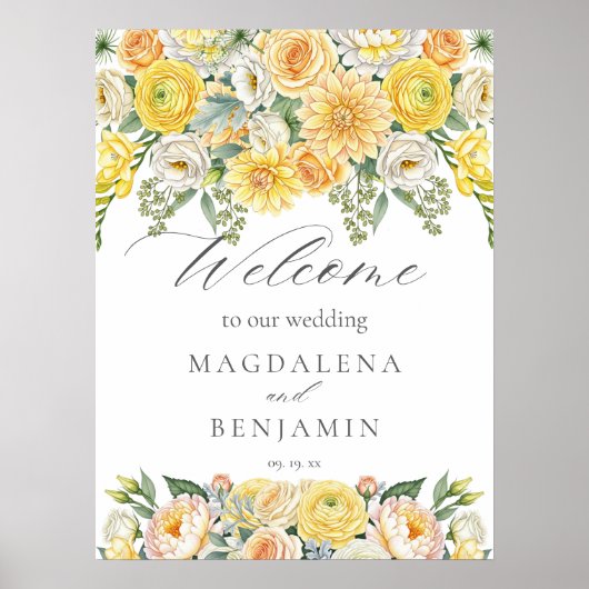 Yellow Peach Flowers Sage Greenery Wedding Welcome ポスター (正面)