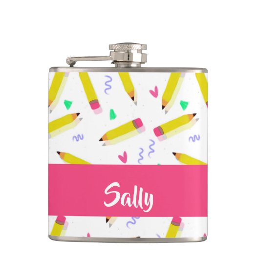 Yellow pencils and scrabbles on white フラスク (正面)