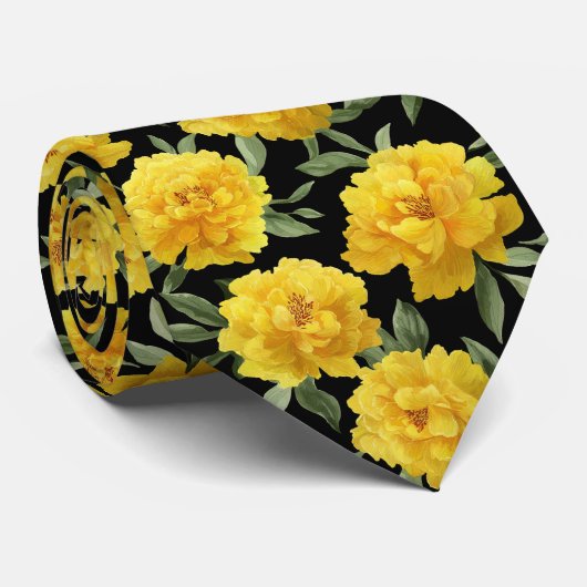 Yellow Peony Floral Pattern ネクタイ (ロール)