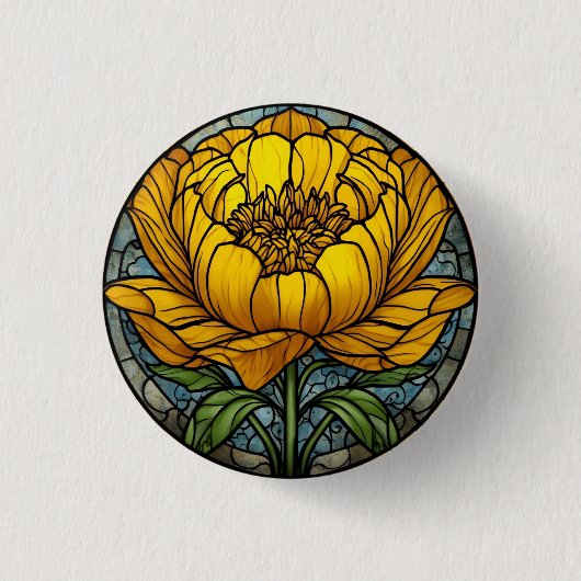 Yellow Peony Stained Glass 缶バッジ (正面)