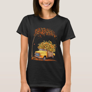 Yellow Pickup Truck Sunflower Fall Leaves Autumn H Tシャツ