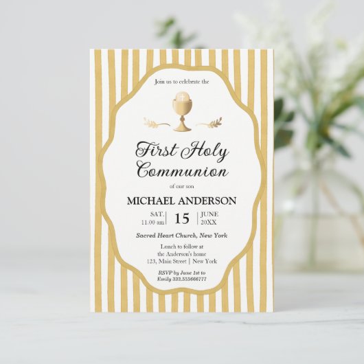 yellow pin striped Communion Invitation 招待状 (スタンド正面)