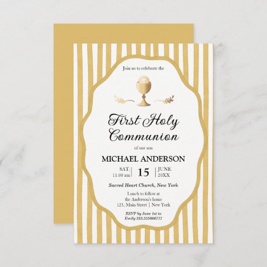 yellow pin striped Communion Invitation 招待状 (正面/裏面)