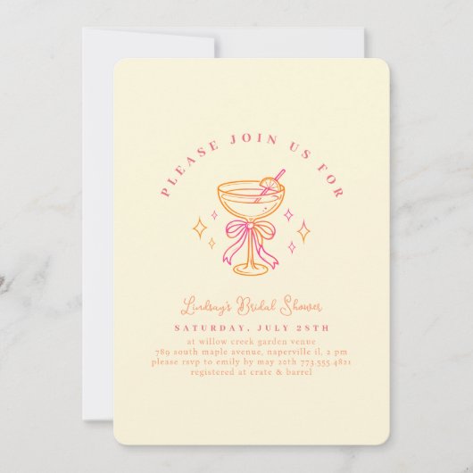 Yellow Pink Cocktail Bridal Shower Bow 招待状 (正面)