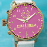 Yellow Pink couple names monogram 腕時計<br><div class="desc">Personalized watch with the names of the bride and groom or the couple in love. This watch can be customized by changing the text with the name of the loved one or the wedding date. It can be an ideal gift for newlyweds or for silver or golden wedding anniversaries. Monogram...</div>