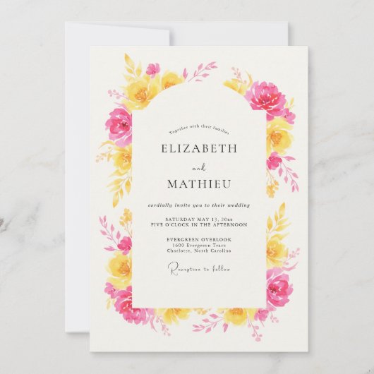 Yellow Pink Floral Arch Romance Wedding 招待状 (正面)