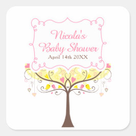 Yellow Pink Floral Bird Baby Shower  スクエアシール