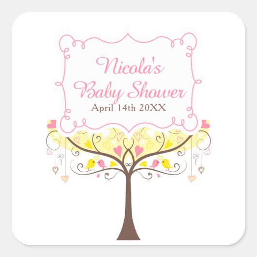 Yellow Pink Floral Bird Baby Shower スクエアシール (正面)
