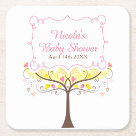 Yellow Pink Floral Bird Baby Shower  スクエアペーパーコースター