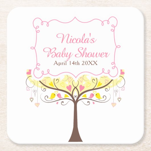 Yellow Pink Floral Bird Baby Shower  スクエアペーパーコースター (正面)