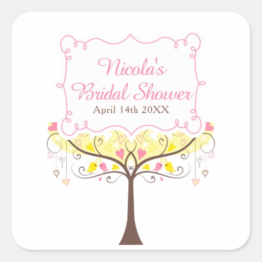 Yellow Pink Floral Bird Bridal Shower  スクエアシール (正面)