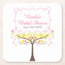 Yellow Pink Floral Bird Bridal Shower  スクエアペーパーコースター