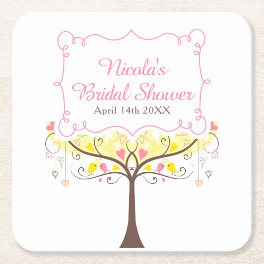 Yellow Pink Floral Bird Bridal Shower  スクエアペーパーコースター (正面)