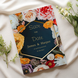 Yellow pink navy blue gold floral Save the Date 招待状