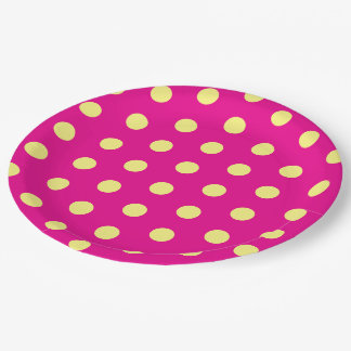 Yellow Polka Dots on Pink ペーパープレート