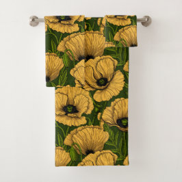 Yellow poppies on dark green バスタオルセット