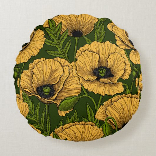 Yellow poppies on dark green ラウンドクッション (正面)