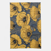 Yellow poppies on navy キッチンタオル (縦)