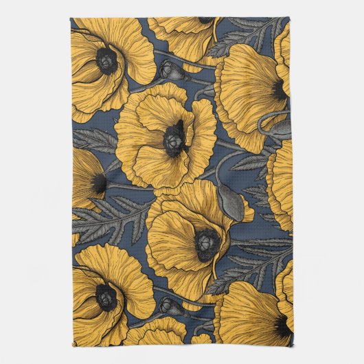Yellow poppies on navy キッチンタオル (縦)
