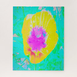 Yellow Poppy with Hot Pink Center on Turquoise ジグソーパズル