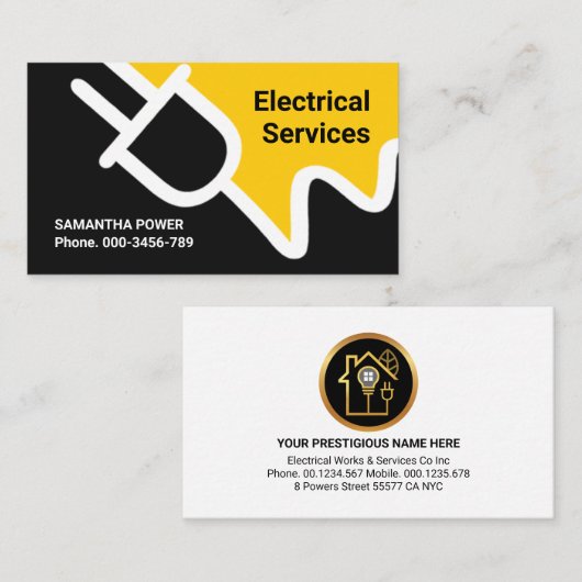 Yellow Power Plug Electrician Service 名刺 (正面/裏面)