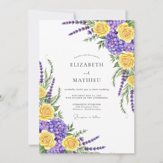 Yellow Purple Botanical Whimsical Wedding 招待状 (正面)