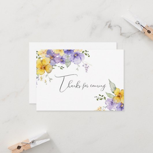 Yellow Purple Floral Thanks for Coming Note カード (正面/裏面インサイチュ)