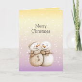 Yellow Purple White Bokeh Dots Snowman Christmas カード (正面)