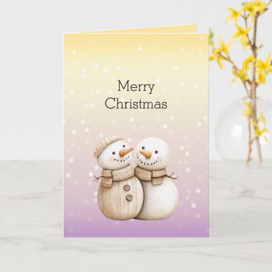 Yellow Purple White Bokeh Dots Snowman Christmas カード (黄色い花)