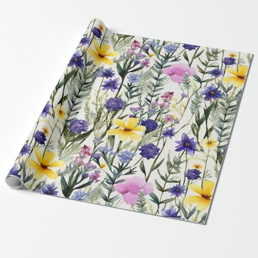 Yellow Purple Wildflower Floral Garden Pattern ラッピングペーパー (アンロールド)