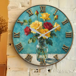 Yellow Red Roses Elegant Floral Glass Vase Decor ラージ壁時計