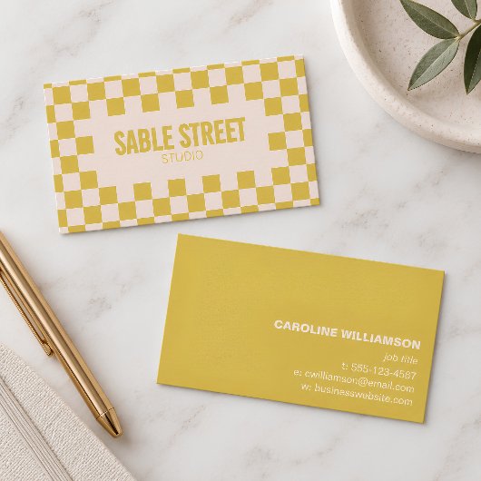 Yellow Retro Checkerboard Bold Creative Brand 名刺