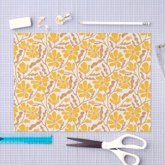 Yellow Retro Floral Pattern 薄葉紙 (クラフト)