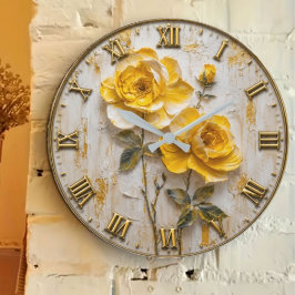Yellow Rose Elegant Luxury Floral Decor ラージ壁時計
