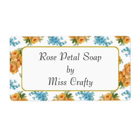 Yellow Roses Blue Flowers Craft or Soap Label ラベル (正面)