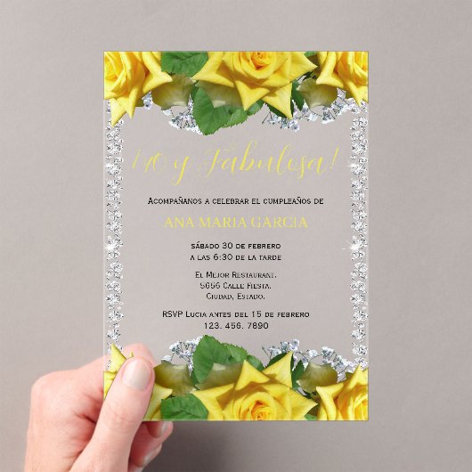Yellow Roses & Diamonds 40th Birthday Spanish アクリル招待状 (インサイチュ (ポータブル))