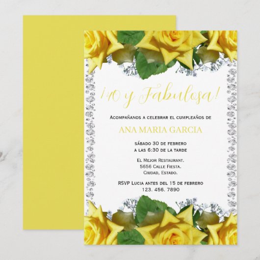 Yellow Roses & Diamonds 40th Birthday Spanish 招待状 (正面/裏面)